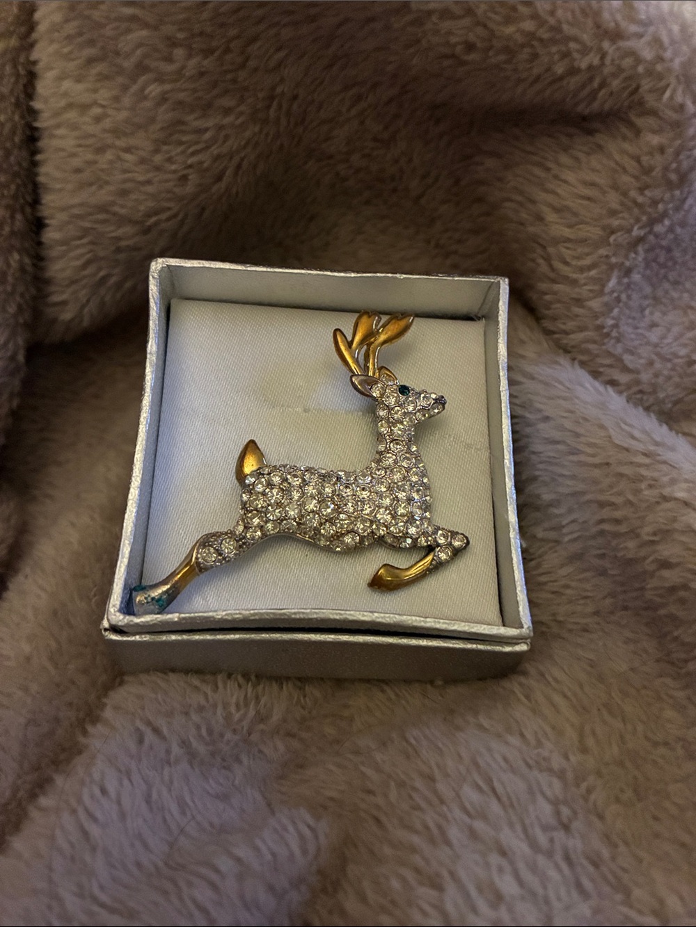 Vintage Crystal Reindeer Brooch with Gold Accents